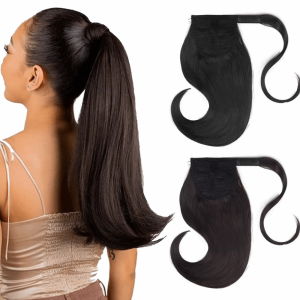 OMQAIO Bounce Long Slightly Curly Ponytail Wigs 18Inch Synthetic Wrap Around Ponytail Extensions Layered Fake Ponytail Hairpieces for Women