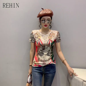 REHIN Womens top Fashion print with diamonds round neck short-sleeved T-shirt stretch thin elegant blouse