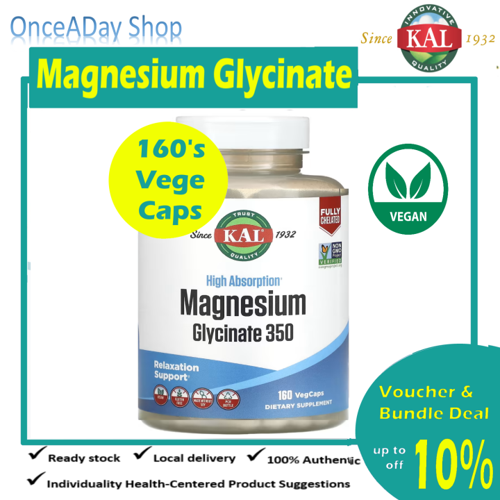 KAL, High Absorption Magnesium Glycinate 350mg, 160 VegCaps, Once A Day
