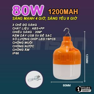 Bóng đèn tích điện đèn sạc dự phòng siêu sáng 100W.200W.300W Tặng kèm dây sạc màu trắng hiển thị dung lượng