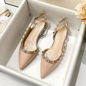 [Free Shipping] Baotou Rivet Chunky Heel Sandals WomenS Summer New Style Pointed-Toe Patent Leather Nude Sandals Elegant Open-Back Square Heel Flats