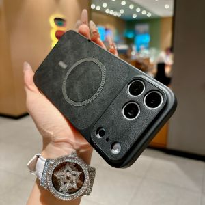Luxury Frosted Cowhide Leather For Magsafe Case For iPhone 17 16 15 14 13 Pro Max Full Bumper Shockproof Magnetic Original Cover