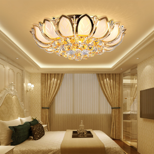 Round Golden Lotus Crystal Ceiling Light  Atmosphere Living Room Led Bedroom Hall Chandelier Three-color dimming