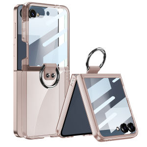 Clear Case for Samsung Z Flip 7 Case with Ring and Built-in Glass Screen Protector Luxury Slim Transparent Anti-Yellow Hard PC Protective Cover for Galaxy Z Flip 7 Case
