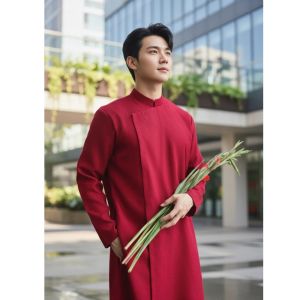 Áo dài cách tân Nam 3 Tà chất chéo hàn cài cúc chéo ẩn có đệm vai đứng form dáng đẹp_ÁO DÀI HÀ THÀNH