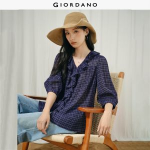 Giordano Women Plaid cotton ruffle v-neck 3/4 sleeve blouse Free Shipping 18346617
