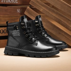 Black leather combat boots with lace-up design rugged soles and white stitching.