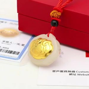 New product Gold-inlaid jade longevity and prosperity lock baby lock fortune lock year-by-year pendant White jade with gold inlay childrens pendant wholesale