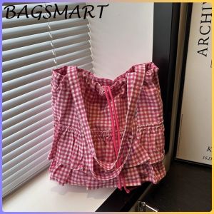 BAGSMART กระเป๋าผ้ากระโปรงระบายสไตล์เรโทร กระเป๋าผ้าแคนวาสสะพายไหล่ลายสก็อตสไตล์เกาหลี กระเป๋าสะพายข้างผู้หญิง กระเป๋าผ้าลายสก๊อต กระเป๋าลำลองแฟชั่นสำหรับผู้หญิง