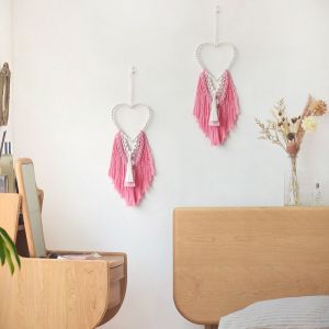 ZENGD Aesthetic Heart-shaped Macrame Tapestry with Tassel Art Cotton Rope Tapestry Crafts Hand-Woven Wall Hanging Tapestry House