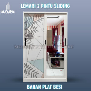 Lemari pakaian 2 Pintu sliding. Bahan plat besi. Brand Olympic. Lemari baju wardrobe cermin gantungan brangkas. Anti Rayap anti air. Bermotif elegan & Minimalis