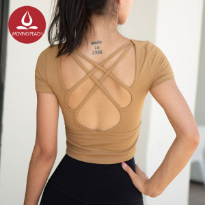 Moving Peach Womens Sports T-shirt Removable Bra Pad Cross Back Yoga Fitness Crop Top ATS