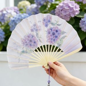 FOUNDTWO New Chinese Style Folding Fan with Tassel Vintage Hand Cranked Fan Traditional Decorative Shell Shape Fan For Girls