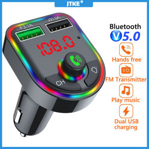 JTKE Bluetooth 5.0 FM Transmitter Ambient Light Car MP3 Player Handsfree Audio Receiver Dual USB Fast Charger