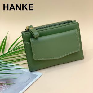 HANKE Womens Compact Mini Wallet Simple Style PU Leather Solid Color Bifold Multiple Cardslot Coin Purse With Flap Closure