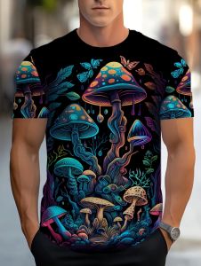 Funny Summer Mens 3D Mushroom Print T-Shirts Psychedelic Colors Streetwear Tee Casual Fashion Short Sleeves Top Mens Clothing