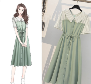 Gaun tambal sulam bergaris midi dress korean style