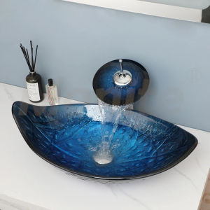 LDIES Torayvino Leaf Bathroom Basin Sink Faucet Set Tempered Glass Hand Painted Vessel Vanity w/ Waterfall Tap Pop-up Drain Countertop Q8P6Z