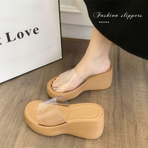 Free Shipping Transparent Wedge-Heeled Slippers For Women Thick-Soled Height-Increasing Fashionable Crystal Flip-Flops New Summer Casual WomenS Sandals