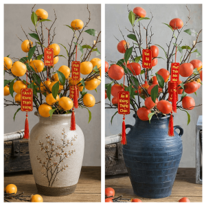 Cành hồng giả lá xanh cành cao 85cm 6 quả kích thước quả 6cm trang trí nhà cửa lễ tết làm cây văn phòng tiệc liên hoan