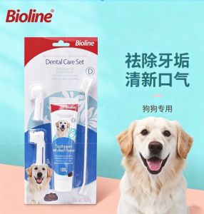 Bioline Pet Toothpaste Set Dog Oral Cleaning Toothbrush Set Removes Tartar Odor Freshens Breath