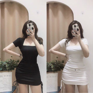Đầm váy body tay ngắn cổ vuông rút dây thời trang XIXO thun borip cao cấp sang mịn đẹp