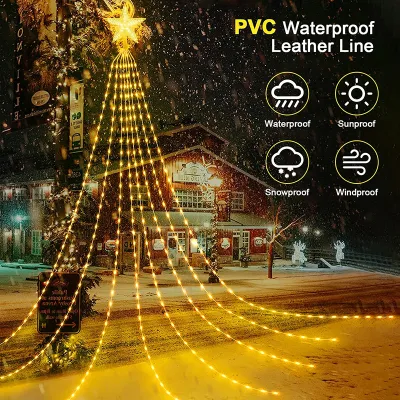 LED Waterproof Solar Waterfall Christmas lights Outdoor 8Modes Garden Light Wedding Christmas Party Festival Decor Five-Pointed Star Waterfall Light