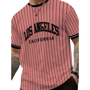 Mens T-Shirt Los Angeles Printed Striped T-Shirt Mens Casual Street Vintage Style Sporty O-Neck Tee Casual Short Sleeve Tops