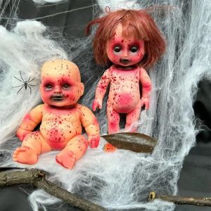 YOUSHI TOP Simulation Halloween Horror Infant Doll with Simulated Blood Stains with Hat Halloween Ghost Doll Halloween Decoration Plastic Zombie Doll Haunted House Props