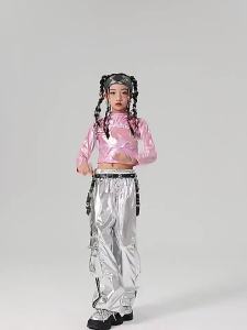 LOlanta Kids Girls Group Kpop Outfits Sequined Street Dance Suit Bright Leather Cropped Top Hip-Hop Cargo Pants Sets Astronaut Performance Costume