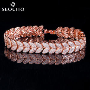 SEQUITO High Quality Full Micro Pave Cubic Zirconia Leaf Charm Bracelet Bridal Wedding Fashion Bangle Jewelry B093