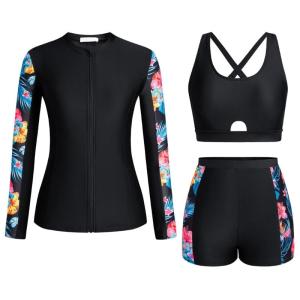 3Pieces Women Long Sleeve Swimsuit with Swim Shirt and Boyshorts Front Zippered Rashguard Swimwears Surfing Bathing Suit