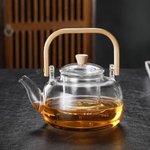 Wood Handle Glass Teapot 1000mL(34oz) Stovetop & Microwave Safe Teapot For Blooming Flower Tea and Loose Leaf Tea Maker Set (Clear)