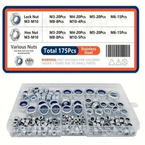 175Pcs Stainless Steel M3 To M10 Locknuts and Hex Nuts Assortment Kit Rust Resistance