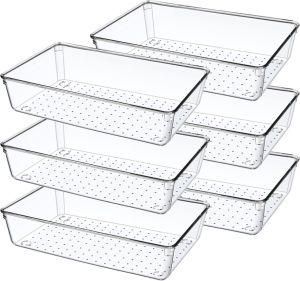5Pcs Desk Drawer Organizer Tray Office Desk Drawer Storage Clear Plastic Organizer Bins for Office Supplies and Tools Desk Drawer Organizer for Bathroom and Kitchen