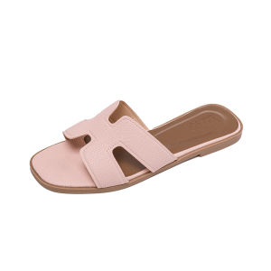 YOTO H-Strap Flat Sandals For Women Textured Leather Elegant Comfortable Square Toe Casual Slides