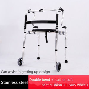 Stainless Steel Walking Aid Frame Crutch With Wheel Foldable Elder Walker 2 in 1 Foldable Walking Sticks Adjustable Lightweight Walking Frame Rollator Walker with Seat Medical Walking Aids