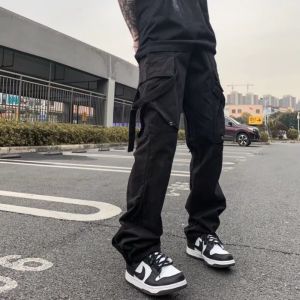 Plus Size Black Slim Fit Tactical Cargo Pants for Men Stylish Hip Hop Design with Six Multi-Functional Pockets Perfect for Work Outdoor and Casual Wear