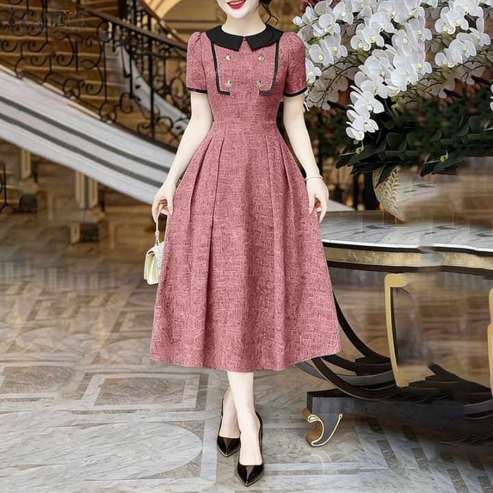 lazada dress for ladies ZANZEA Korean Style Women Elegant Crew Neck Short Sleeve Dresses A-Line Contrast Color Midi #0406 Google_Instock