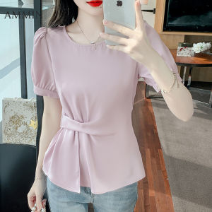 Ammin 2023 đơn giản Mới Mùa Hè cổ tròn thời trang duyên dáng tay áo bong bóng Áo voan cà vạt kiểu Hàn Quốc eo tay ngắn không đều áo blouse thanh lịch