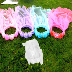 Flower Girls Crown Floral Wreath Beaded Tassels Bowknot Headband Garland with Tulle Veil Wedding Party Bridal Headwear