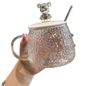 Cốc thủy tinh nắp gấu Ly thuỷ tinh đẹp lạ 500mL Ly kèm thìa kim loại cao cấp Không chì an toàn cho sức khỏe