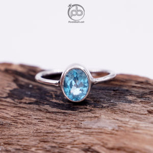 Cincin Wanita Perak Asli 925 Natural Swiss Blue Topaz Elegant Cutting