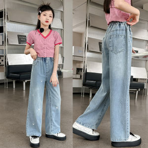 Kids Girls Jeans Soft Denim Hearts Embroidery Elastic Waist Wide Leg Comfortable Pants for Kids girl Lightweight and Breathable Fabric