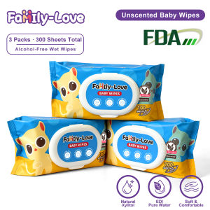 Unscented Baby Wipes 100 Sheets x 3 Packs Wet Wipes for Baby 300 Sheets Total | Family-Love