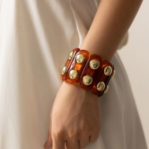 DOHOHO Resin Geometric Round Resin Bangle Punk Style Elastic Rope Wide Cuff Bangles  Handmade Craft Rivet Bracelet Gift Jewelry