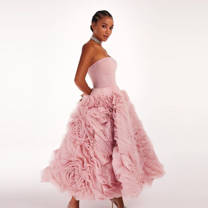 Pink Ruffles Strapless A-Line Prom Dress Evening Gown