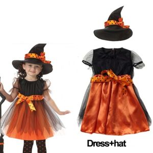 3-13Y Halloween Costume for Kids Girls Boys Halloween Cosplay Party Costume Dress Little Girls Cute Little Devil Witch Dress With Hat