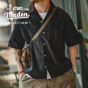 2024แบรนด์ MADEN ฤดูร้อนใหม่ล่าสุดผู้ชายวัยรุ่นญี่ปุ่นย้อนยุคคอหลวมแขนสั้นสีกากีลำลองชายเสื้อภูเขาฤดูร้อน