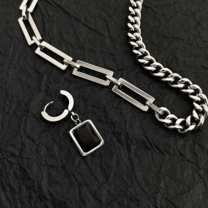 [fenggongshuode] Creative Hip-hop Tide Simple Black Square Earrings Pendant Necklace Mens Dual-use Design Stainless Steel Stitch Necklace